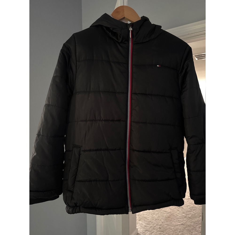Tommy Hilfiger Boys Black Puffer Jacket Fleece Lined Hooded Stripe Size L 14/16